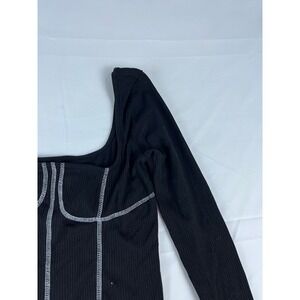 Forever 21 Black Ribbed Square Neck Long Sleeve Top Size M